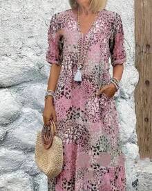 New European American Fashion Printed Lace Trimmed V Neck Short Sleeve Dress - 藍色 - 查看 6