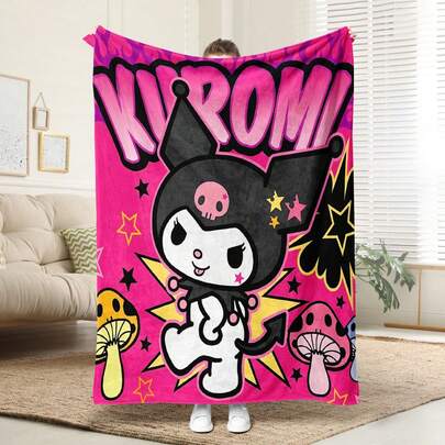 SANRIO 1pc Comfortable American Street Style Kuromi Cartoon & Starry Sky Pattern Flannel Blanket, Soft Polyester Knit Design, Versatile Use, Machine Washable, Ideal Gift For Home, Travel, Outdoor, All Seasons - Cozy Throw Blanket For Sofa, Bed, Office, Car