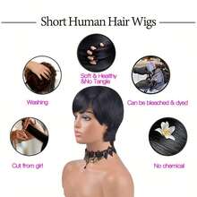Pixie Cut Perücke aus Echthaar für Frauen, Pixie Cut Perücken mit Pony, 100% Echthaar, natürliche Farbe - Natural Black - Übersicht 4