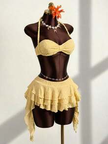 Zestiva Conjunto de traje de baño de 3 piezas para mujer con top bandeau de unicolor, cuello alto fruncido y bajo fruncido, hecho de tela especial trenzada - Amarillo - Ver 4