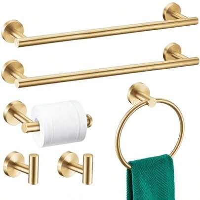 6 Pieces Brushed Gold Bathroom Hardware Accories Set SUS304 Stainl Steel 24 Inch Bath Towel Bar Set Round Bathroom Towel Holder Set Towel Racks For Bathroom Wall Mounted