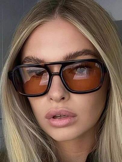 1 pieza Gafas de moda de aviador cuadradas de doble haz con estilo retro para mujer, adecuadas para uso diario, playa de verano, al aire libre y viajes