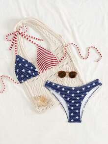 Swim Mod 2pcs/Set Women's Beach Summer Vacation USA Flag Print Halter Backless Top And Side Strap Swim Bottom 4th Of July Bikini Set - Nhiều màu 2 - Xem 1