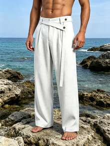 男士亚麻长裤，美式春夏亚麻抽绳腰长裤 - 白色 - 查看 1