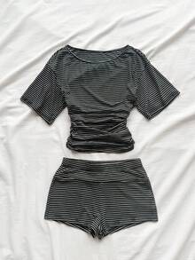 女士条纹圆领短袖上衣和高腰修身短裤两件套休闲度假夏季优雅套装 - 黑與白 - 查看 5