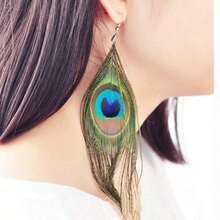 1pair Bohemian Style Peacock Feather Earrings, Exaggerated Vintage Handmade Ear Jewelry - Bạc - Xem 3