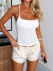 Tank Top Wanita Vaiaye Musim Panas Kasual Warna Polos, Pas Badan, Dekorasi Kerang, Tekstur Jacquard, Cocok Untuk Pantai & Perjalanan, Putih untuk Hari St. Patrick - Putih - View 5