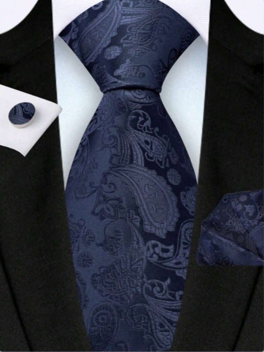 Bộ 1 cà vạt nam rộng 8cm màu xanh hải quân họa tiết jacquard, khăn cài túi áo và khuy măng sét, bộ cà vạt công sở cổ điển chất lượng cao, thích hợp làm quà tặng đám cưới, Giáng sinh, tiệc tùng. - Màu xanh hải quân - Xem 1