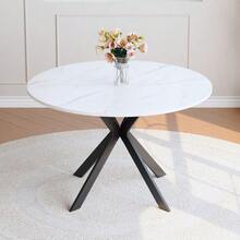 Modern Round Dining Table With Walnut Finish, Made Of MDF – Black X-Frame, Dining Table For Kitchen And Living Room, 110 Cm In Diameter. - White - View 2