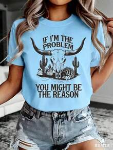 If I'm The Problem Summer Fashion Desert Cactus Bull Head Print Casual Women's Short Sleeve Shirt-New Autumn/Winter Collection: Unisex Relaxed Fit Long-Sleeve Crew Neck Sweatshirt - 藍色 - 查看 1