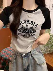 Áo croptop nữ phối màu tương phản, họa tiết hoa vintage, tay ngắn, thích hợp mặc mùa xuân/hè. - Xám - Xem 1