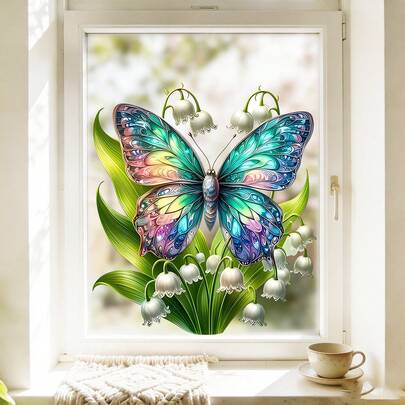 CHAILLY Pegatinas de ventana con estampado de mariposa arcoíris, lirio del valle y rosa rosa, decoración floral reutilizable para el hogar, la cocina y el baño