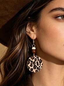 1对时尚性感豹纹串珠皮革耳环，女士时尚几何圆形豹纹皮革耳环 - 豹紋 - 查看 4