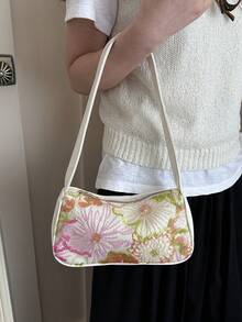 Floral Sequin Embroidered Underarm Bag, Women's Elegant Mesh Fabric & PU Trim Shoulder Hobo Bag For Daily & Party - Green - View 9
