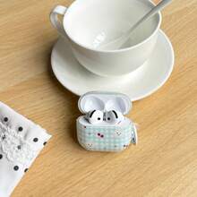 夏日清新蓝色格纹小狗草莓花图案亮面耳机保护套，适用于 1 2 3 4 Pro Pro2 Pro3 - 淺藍色 - 查看 4