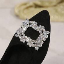 Flats de dama elegantes con diseño de punta fina y lujosa hebilla cuadrada con diamantes de imitación brillantes, zapatos elegantes de mujer en material efecto gamuza suave, zapatos cómodos de mujer ideales para oficina fiestas o eventos sociales, zapatillas planas con pedrería estilo chic sofisticado, calzado para mujer versátil y transpirable de punta estrecha, mocasines elegantes y suaves para uso diario con acabado de lujo. - Negro - Ver 4