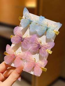 6/12pcs Cute Butterfly Shaped Gradient Color Hair Clip With Thin Gauze - Multicolor - View 4