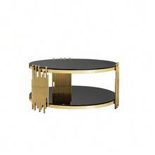Modern Black Glass Coffee Table, Luxury Living Room Tables With Double Glass Top, Round Coffee Table With Gold Steel Base, Sofa Table With Glass Round Top, Center Table For Living Room / Home / Office - Black - View 11
