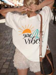 女士圆领短袖T恤，夏季新款樱花图案字母印花，休闲宽松百搭上衣，时尚日常穿搭 - 白色 - 查看 7