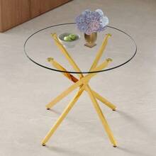 A Luxurious Yet Lightweight Round Dining Table, 88 Cm In Diameter. A Simple Table With A Tempered Glass Top And Silver Metal Frame, Ideal For Small Apartments, Homes, And Dining Rooms. Seats 2-4 People. - 金色 - 查看 9