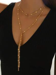1 chiếc vòng cổ tua rua hình chữ Y, phong cách cổ điển sang trọng, dây chuyền nhiều lớp + hạt vuông + độ dài có thể điều chỉnh, phù hợp cho phái nữ sành điệu phối cùng áo cổ chữ V hoặc váy. - Vàng - Xem 5