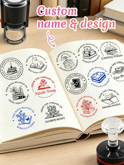 Carimbo Personalizado de Livro de Biblioteca, Carimbo de Nome Personalizado, Estilo de Ícone Minimalista Fofo para Placas de Livros, Diários, Presentes para Amantes da Leitura, Carimbo Personalizável Autotintável, Presente de Feriado para Amigos e Família, Carimbo de Propriedade de Livro Personalizável para Uso na Biblioteca Doméstica, 2 Tipos de Carimbos