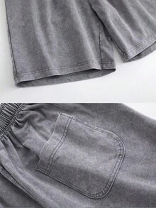 Men's 2PCS BUUTIAN Vintage Wash Solid Color T-Shirt & Denim Shorts Set, Multiple Color Combinations Available, Oversized Streetwear Casual Summer Joggermate Outfit, 90s Retro Casual Loungewear - Grey - View 8