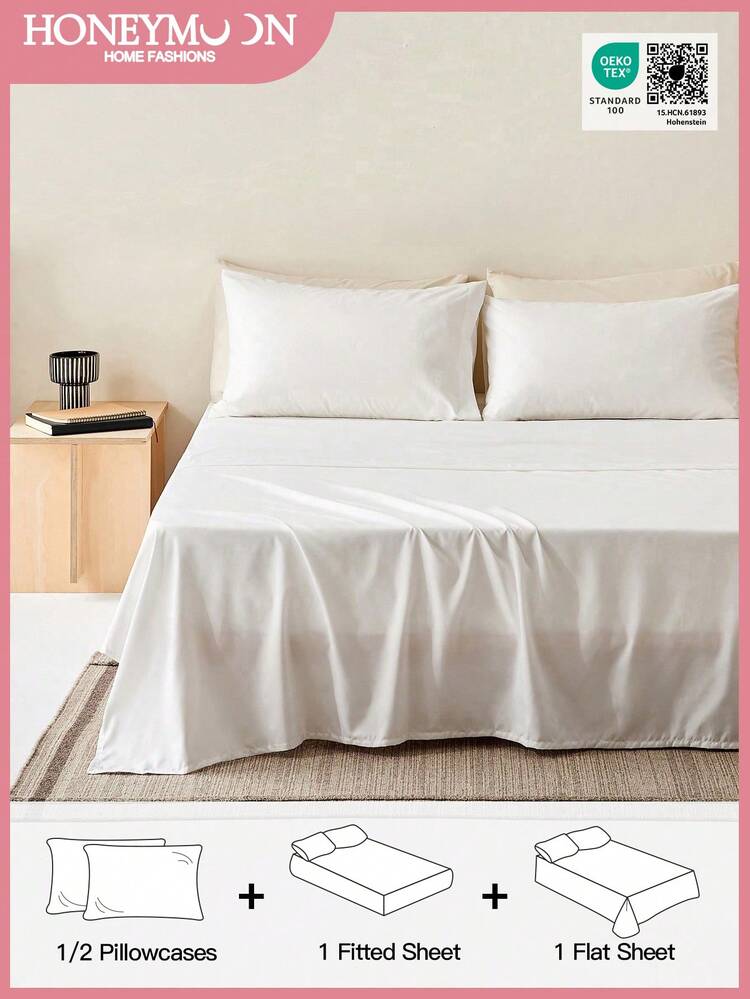 3/4pcs Set Deep Pocket 14 Inch Bed Sheet Pillowcase Set, Includes 1 Bed Sheet, 1 Fitted Sheet, 1/2 Pillowcases, Cool Polyester Fabric, Suitable For Hot Sleepers, Luxury Hotel Quality, Shrink-Resistant, Machine Washable, All Seasons