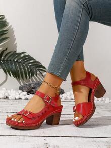 Sandalias de tacón grueso con estampado floral, de moda para el verano. Sandalias de mujer con puntera abierta, tacón alto y una sola tira, de escote bajo. - Rojo - Ver 4