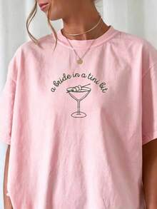 Graphic Tee Casual Bride-To-Be Martini Pattern T-Shirt, Perfect For Home Relaxation, Outings, Parties, Or As Gift Suitable Christmas, Valentine' - Pink - View 10