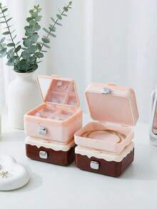 Cream Cake Style Portable Jewelry Box With Mirror, Mini Travel Jewelry Storage Case, Cute Double-Layer Convenient Large Capacity Compartment For Earrings, Necklaces, Rings, Compact & Elegant Design, Ideal Gift For Girls - Multicolor - View 2