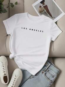 Talla unisex. Camiseta de algodón de verano de talla grande para mujer. Camiseta casual de manga corta y cuello redondo para mujer, estampada con la inscripción "LOS ANGELES". ㎡ Elasticidad media, lavable a máquina, cómodo para todas las estaciones, perfecto para el verano, exclusivo para entusiastas de la moda. El material absorbe el sudor, es suave y agradable al tacto. - Blanco - Ver 6