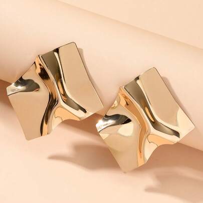 1 Pair Shiny Metal Fashionable Wave Design Stud Earrings, Suitable For Women's Daily Wear