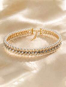 STONEFANS Collar de perlas multicapa brillante, collar de perlas y rhinestones de alto brillo, collar de perlas blancas nupcial, minimalista y elegante - Dorado - Ver 2