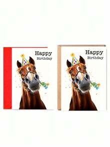 2pcs/1pc Funny Horse Themed Birthday Greeting Card (With Party Hat And Colorful Paper) - Interesting Animal Theme, Comes With Envelope, High Quality Paper, Suitable For Birthday Celebration, Vivid Printing Design - View 11