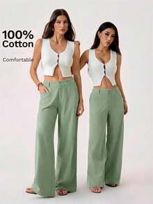 PETITE Pantalones rectos de cintura baja de 100% algodón lavado, pantalones de lino para mujer, pantalones de verano, pantalones anchos de mujer, pantalones de verano, otoño y ropa de otoño para mujer - verde menta - Ver 3