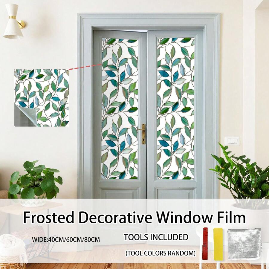 1 Rolo de Película Adesiva Estática para Janela com Estampa de Folhas Verdes Elegantes, Adesivo de Privacidade para Janela (Com Ferramenta de Instalação), Adesivo Floral para Janela, Adesivo Removível para Vidro, Película Impermeável e Reutilizável com Controle de Calor, Material Vinílico, Decoração para Casa, Adequado para Janelas de Escritório, Portas de Vidro de Banheiro, Armários e Estantes de Vidro, Largura de 40/60/80cm, Fácil de Cortar