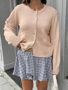Spring Autumn Winter New Beige Round Neck Single-Breasted Knit Women's Top, Casual Y2K Style Cardigan, Suitable For Daily Commute Wear - Rice Apricot - View 6
