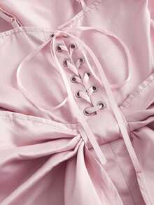 Vestido corto elegante sencillo de color liso con tirantes finos, tejido satinado con lazo grande trasero y falda acampanada, ideal para uso diario de primavera y verano - Rosa - Ver 5