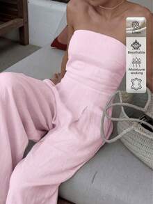 Glamful亞麻時尚休閒極簡主義無肩帶寬腿連身褲，日常通勤約會休閒連身褲女款，時尚女款連身褲，夏季女裝，夏季女裝穿搭 - 粉色 - 查看 5