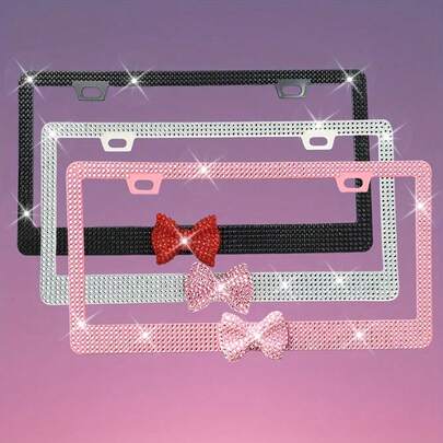 1pc/2pcs Multicolored Bow Additions Plastic License Plate Frame, Square Hole Type, Handmade With Shiny Artificial Diamonds, Includes Screws And Installation Tools, Waterproof And Rustproof