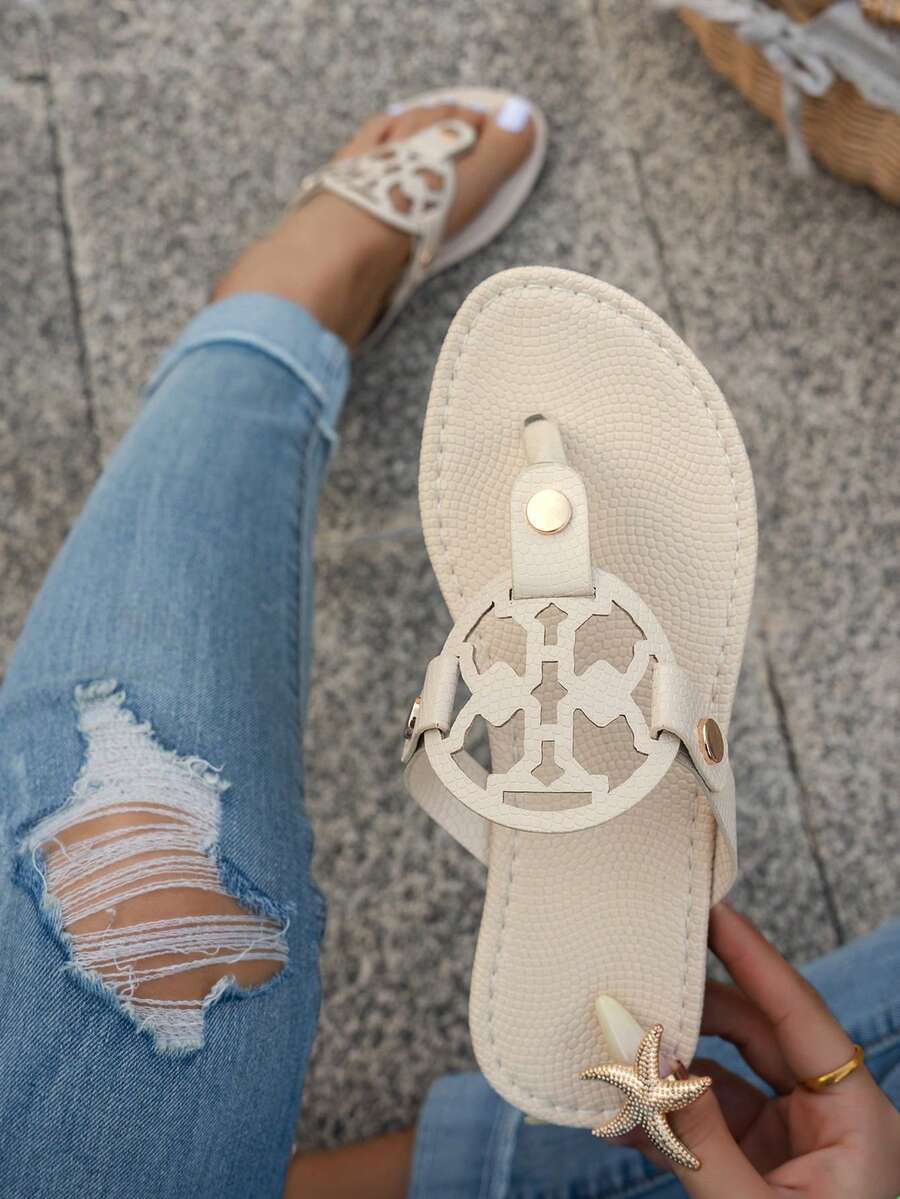Women's Round Metal Decor Flat Toe Ring Sandals, Summer Holiday Style Fashion Flat Comfortable Beach Slippers,Flip Flops - Beige - View 1