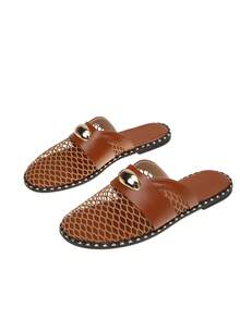 Breathable Mesh Hollow Strap Flat Slide Sandals For Teens, Spring/Summer, Black/White/Brown - Brown - View 2