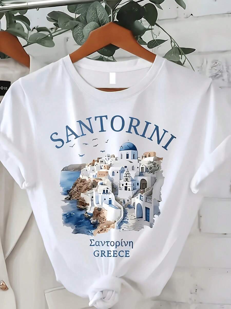 Camiseta de algodón de manga corta para mujer, con estampado de Santorini, cuello redondo, top casual de verano. - Blanco - Ver 1
