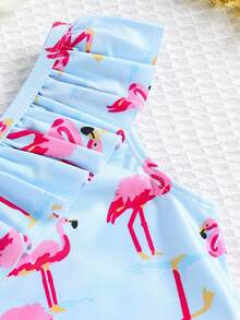Bộ đồ bơi liền thân in hình chim hồng hạc, viền bèo nhún, thích hợp cho bơi lội, vui chơi trên bãi biển và các hoạt động dưới nước khác dành cho bé gái. - Màu xanh nhạt - Xem 4