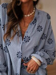 休闲轻薄宽松长袖条纹衬衫，小立领刺绣衬衫，适合居家、度假、海滩穿着 - 藍色 - 查看 5