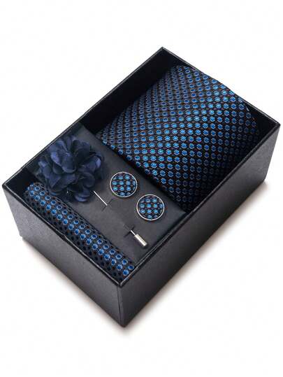 AlanKing 1 Set Blue Ditsy Floral Men's Necktie Gift Box, Suitable For Men's Business, Wedding, Party, Holiday Suit Accessories