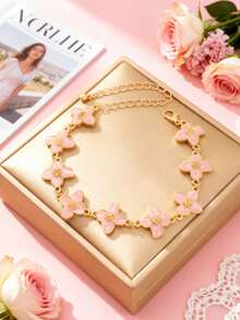 1pc Summer Luxury Retro Fashionable Fresh Pastoral Casual Elegant Petite Floral Bracelet, High-End Aesthetic - Pink - View 2