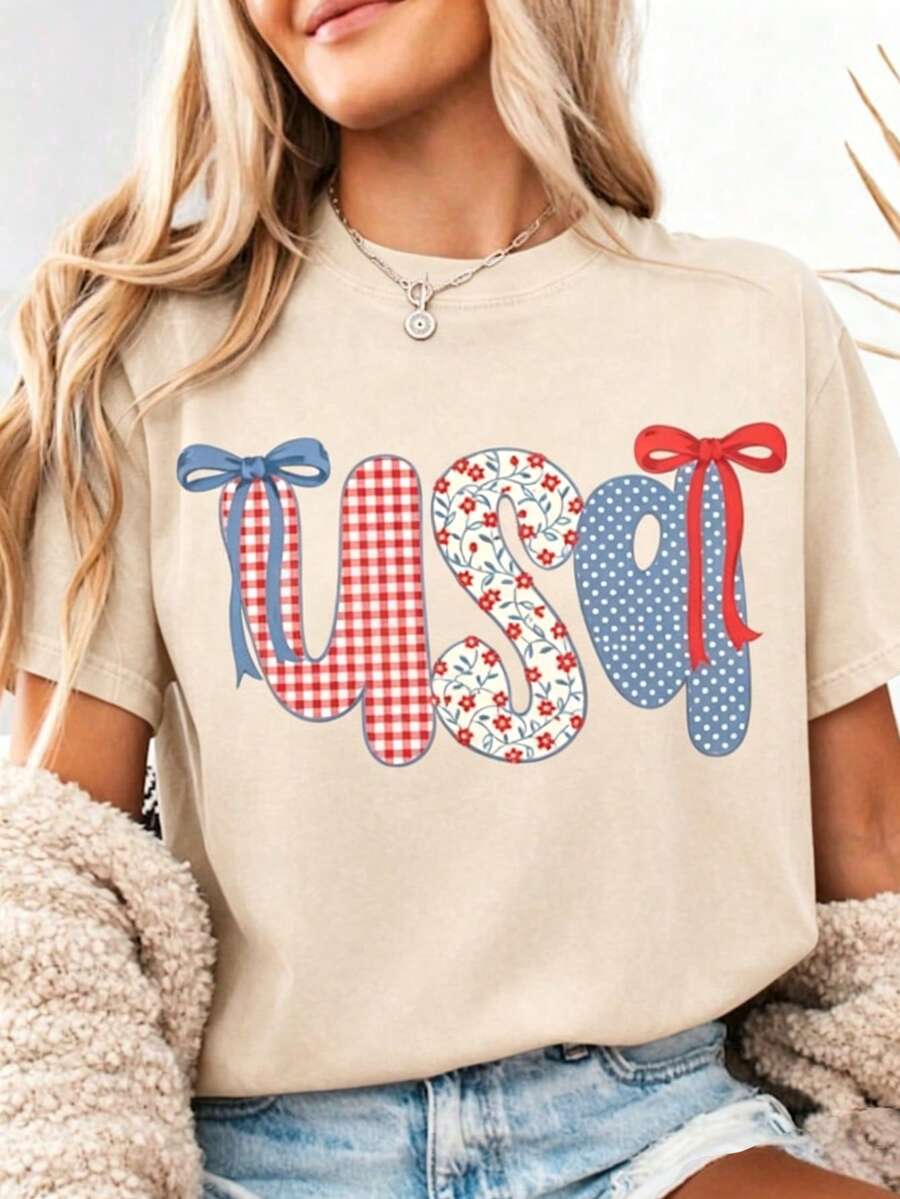 Women's Short Sleeve Round Neck USA Graphic Tee Casual Cute Summer T-Shirt Polyester Fabric With Slight Stretch Regular Fit Streetwear Style - 杏色 - 查看 1