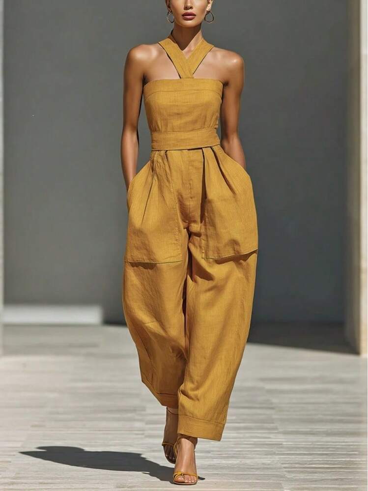 2026 New Style Linen Blend Cross Strap Loose Fit Women Jumpsuit Casual Summer Beach Playsuit High Waist Wide Leg Romper For Vacation Daily Wear - Màu Đỏ Sâu - Xem 7